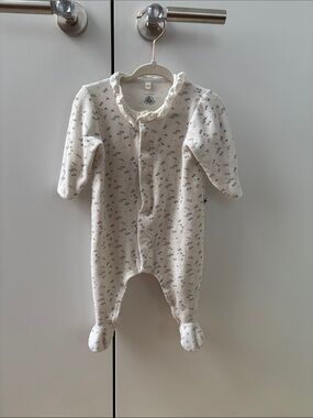 Petit Bateau Cream Floral Ruffle Neck Footed One-Piece